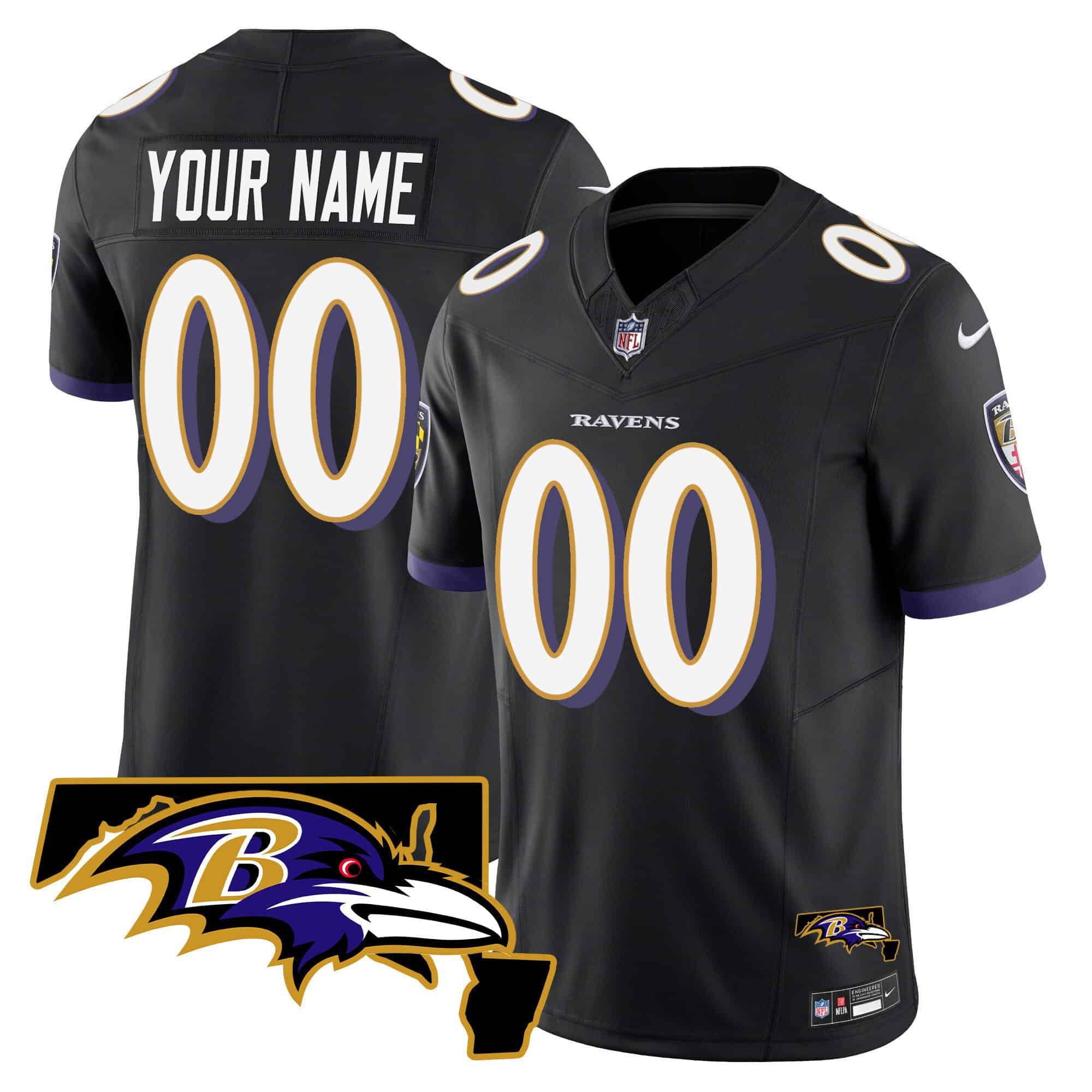 Men Baltimore Ravens Black 2024 Nike Maryland Patch Vapor Limited Custom NFL Jersey style 1